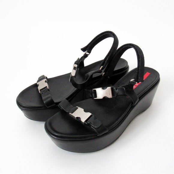PRADA 90’s VINTAGE Black Sporty Open Toe Platform Sandals W/Metal Buckles Size-9 - Picture 2 of 14